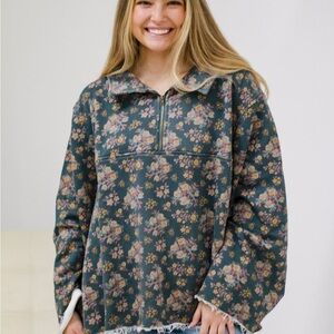 NATURAL LIFE Floral Zip Sweatshirt - Green and Pink